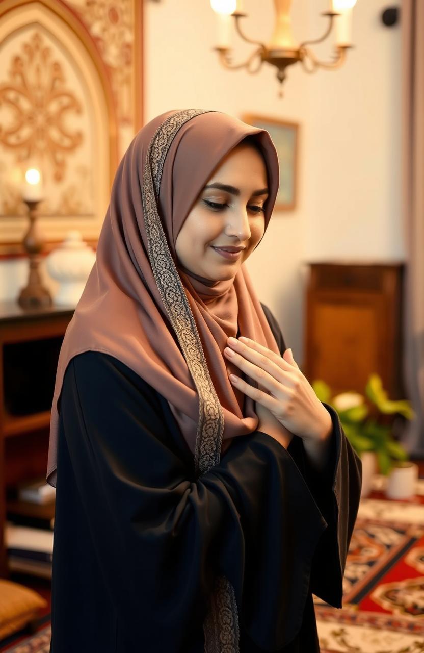 A Muslim wife embodying grace and devotion, showcasing her adherence to the golden rules of behavior towards her husband, such as respect, love, and support