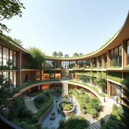 A beautiful architectural design of an organization focused on pathology and treatment, featuring elements of biophilic architecture integrated with traditional Iranian architecture