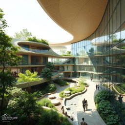 A beautiful architectural design of an organization focused on pathology and treatment, featuring elements of biophilic architecture integrated with traditional Iranian architecture