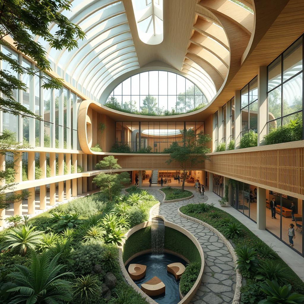A beautiful architectural design of an organization focused on pathology and treatment, featuring elements of biophilic architecture integrated with traditional Iranian architecture