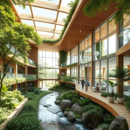 A beautiful architectural design of an organization focused on pathology and treatment, featuring elements of biophilic architecture integrated with traditional Iranian architecture
