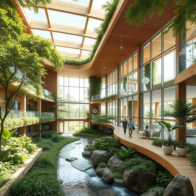 A beautiful architectural design of an organization focused on pathology and treatment, featuring elements of biophilic architecture integrated with traditional Iranian architecture