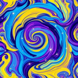 A beautifully intricate abstract pattern that combines vibrant colors like deep blues, rich purples, and bright yellows, creating a swirling, organic design that flows seamlessly across the canvas