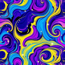 A beautifully intricate abstract pattern that combines vibrant colors like deep blues, rich purples, and bright yellows, creating a swirling, organic design that flows seamlessly across the canvas