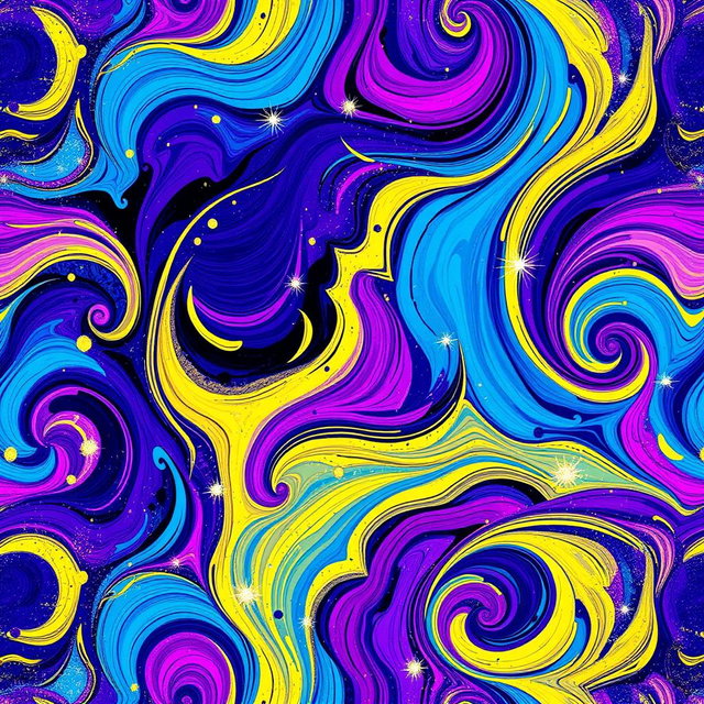A beautifully intricate abstract pattern that combines vibrant colors like deep blues, rich purples, and bright yellows, creating a swirling, organic design that flows seamlessly across the canvas