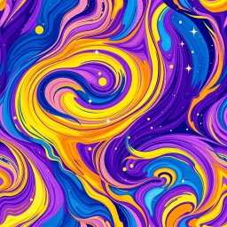 A beautifully intricate abstract pattern that combines vibrant colors like deep blues, rich purples, and bright yellows, creating a swirling, organic design that flows seamlessly across the canvas
