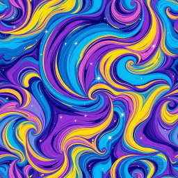 A beautifully intricate abstract pattern that combines vibrant colors like deep blues, rich purples, and bright yellows, creating a swirling, organic design that flows seamlessly across the canvas
