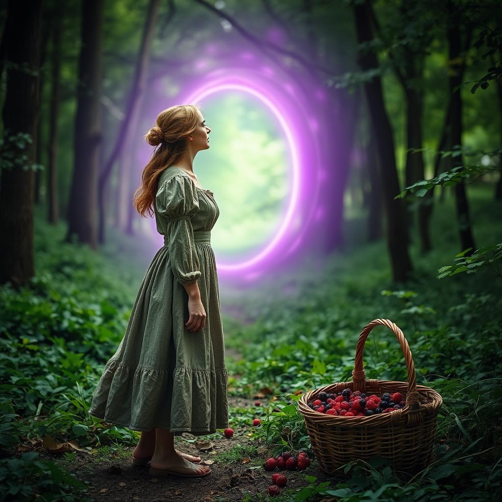 A 20-year-old woman dressed in a simple, tattered 1800s dress stands in a lush green forest, gazing in awe at a mystical purple portal that has materialized before her