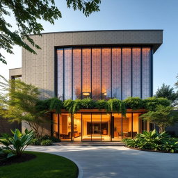 A striking external view of a biophilic architecture building designed for a pathology organization, seamlessly integrating traditional Iranian architectural elements with modern sustainability principles