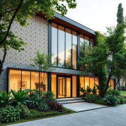 A striking external view of a biophilic architecture building designed for a pathology organization, seamlessly integrating traditional Iranian architectural elements with modern sustainability principles