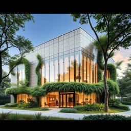 A striking external view of a biophilic architecture building designed for a pathology organization, seamlessly integrating traditional Iranian architectural elements with modern sustainability principles