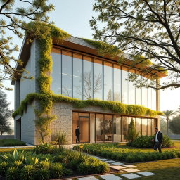 A striking external view of a biophilic architecture building designed for a pathology organization, seamlessly integrating traditional Iranian architectural elements with modern sustainability principles