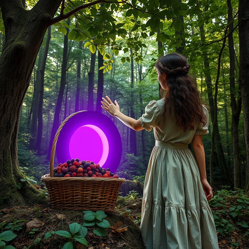 A 20-year-old woman in the 1800s, wearing a simple, worn dress, is reaching towards a mysterious purple portal that has suddenly appeared in the midst of a dense forest