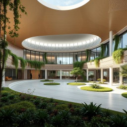 An expansive external view of a biophilic architecture building designed for a pathology organization, incorporating elements of traditional Iranian architecture