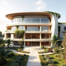 An expansive external view of a biophilic architecture building designed for a pathology organization, incorporating elements of traditional Iranian architecture