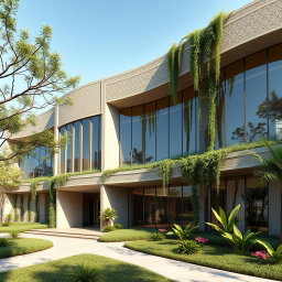 An expansive external view of a biophilic architecture building designed for a pathology organization, incorporating elements of traditional Iranian architecture