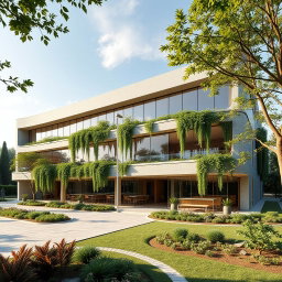 An expansive external view of a biophilic architecture building designed for a pathology organization, incorporating elements of traditional Iranian architecture