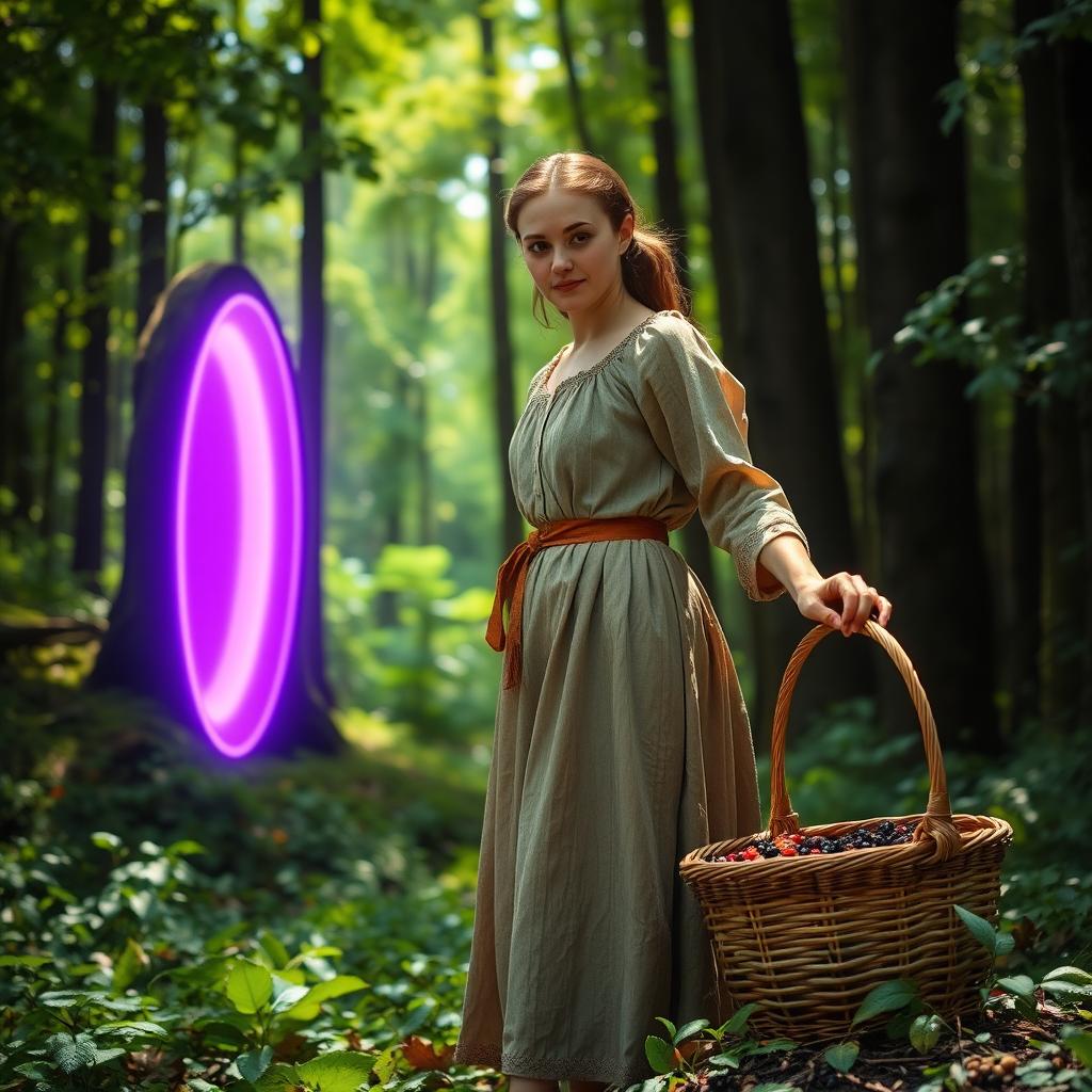 A 20-year-old woman in a simple, worn dress typical of the 1800s, her expression a mix of curiosity and wonder, standing in the middle of a lush green forest
