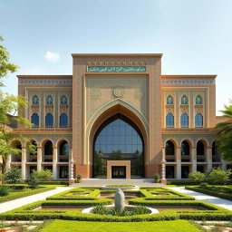 A grand exterior view of a biophilic architecture building designed for a pathology organization, prominently featuring traditional Iranian architectural elements