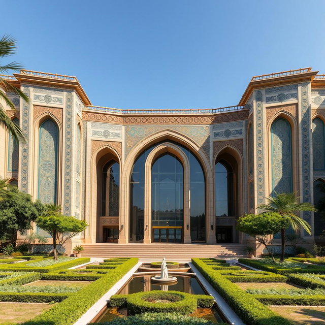 A grand exterior view of a biophilic architecture building designed for a pathology organization, prominently featuring traditional Iranian architectural elements