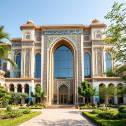 A grand exterior view of a biophilic architecture building designed for a pathology organization, prominently featuring traditional Iranian architectural elements