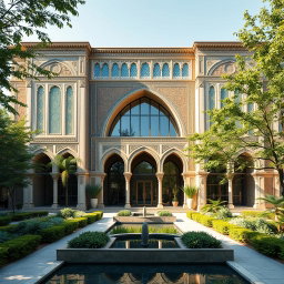 A grand exterior view of a biophilic architecture building designed for a pathology organization, prominently featuring traditional Iranian architectural elements