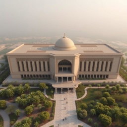 An aerial view of a large, expansive biophilic architecture building designed for a pathology organization, showcasing prominent Iranian architectural elements