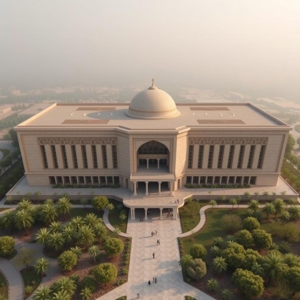 An aerial view of a large, expansive biophilic architecture building designed for a pathology organization, showcasing prominent Iranian architectural elements