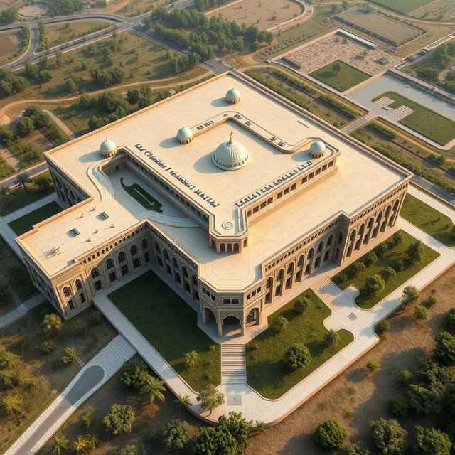 An aerial view of a large, expansive biophilic architecture building designed for a pathology organization, showcasing prominent Iranian architectural elements