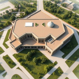 An aerial view of a large, expansive biophilic architecture building designed for a pathology organization, showcasing prominent Iranian architectural elements