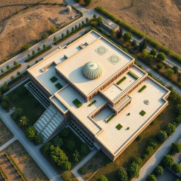 An aerial view of a large, expansive biophilic architecture building designed for a pathology organization, showcasing prominent Iranian architectural elements