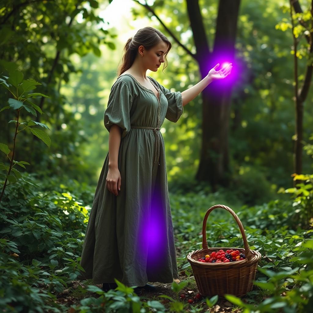 A 20 year old woman in a simple, worn dress typical of the 1800s, standing in a lush green forest