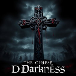 A chilling movie poster for 'The Curse of Darkness', prominently featuring a large, ornate cross that is dripping with fresh blood