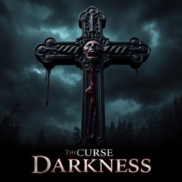 A chilling movie poster for 'The Curse of Darkness', prominently featuring a large, ornate cross that is dripping with fresh blood