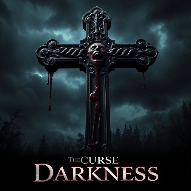 A chilling movie poster for 'The Curse of Darkness', prominently featuring a large, ornate cross that is dripping with fresh blood