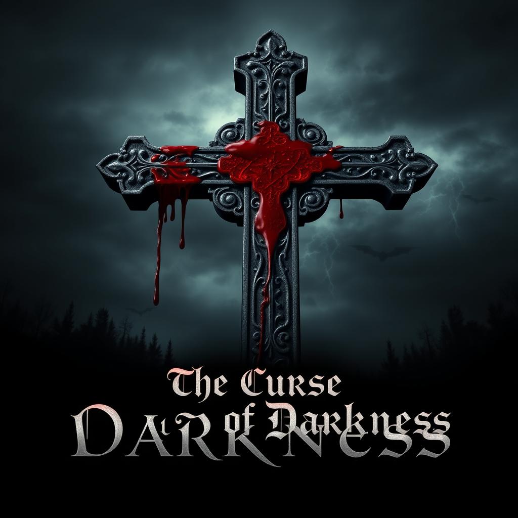 A chilling movie poster for 'The Curse of Darkness', prominently featuring a large, ornate cross that is dripping with fresh blood