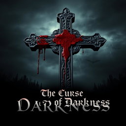 A chilling movie poster for 'The Curse of Darkness', prominently featuring a large, ornate cross that is dripping with fresh blood