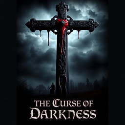 A chilling movie poster for 'The Curse of Darkness', prominently featuring a large, ornate cross that is dripping with fresh blood