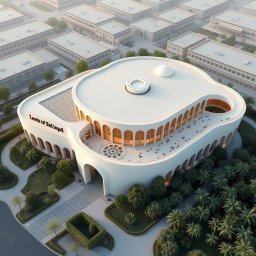 An aerial view of a large and expansive biophilic architecture building designed for a pathology organization, prominently featuring Iranian architectural elements