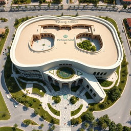 An aerial view of a large and expansive biophilic architecture building designed for a pathology organization, prominently featuring Iranian architectural elements