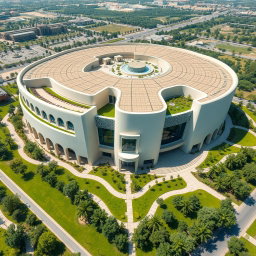 An aerial view of a large and expansive biophilic architecture building designed for a pathology organization, prominently featuring Iranian architectural elements