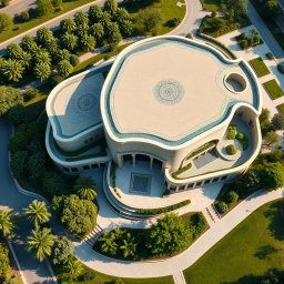 An aerial view of a large and expansive biophilic architecture building designed for a pathology organization, prominently featuring Iranian architectural elements