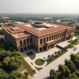 An aerial view of a large and expansive biophilic architecture building designed for a pathology organization, emphasizing solid and robust structures without curved elements