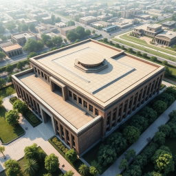 An aerial view of a large and expansive biophilic architecture building designed for a pathology organization, emphasizing solid and robust structures without curved elements