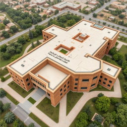 An aerial view of a large and expansive biophilic architecture building designed for a pathology organization, emphasizing solid and robust structures without curved elements