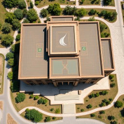An aerial view of a large and expansive biophilic architecture building designed for a pathology organization, emphasizing solid and robust structures without curved elements