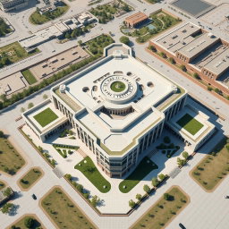 An aerial view of a large and expansive biophilic architecture building designed for a pathology organization, distinctly showcasing Iranian architectural features