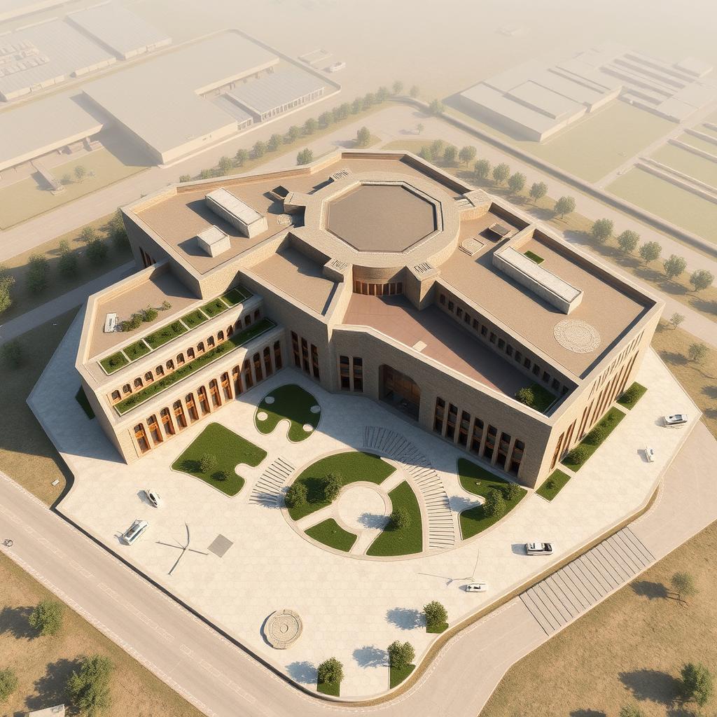 An aerial view of a large and expansive biophilic architecture building designed for a pathology organization, distinctly showcasing Iranian architectural features
