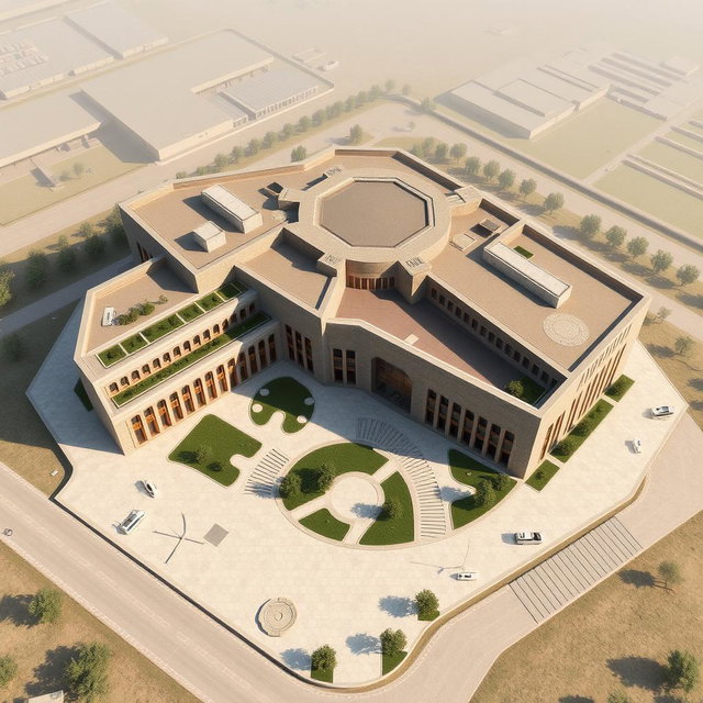 An aerial view of a large and expansive biophilic architecture building designed for a pathology organization, distinctly showcasing Iranian architectural features