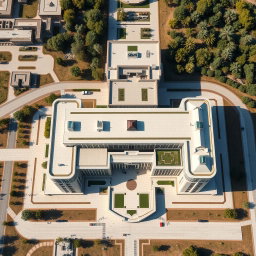 An aerial view of a large and expansive biophilic architecture building designed for a pathology organization, distinctly showcasing Iranian architectural features
